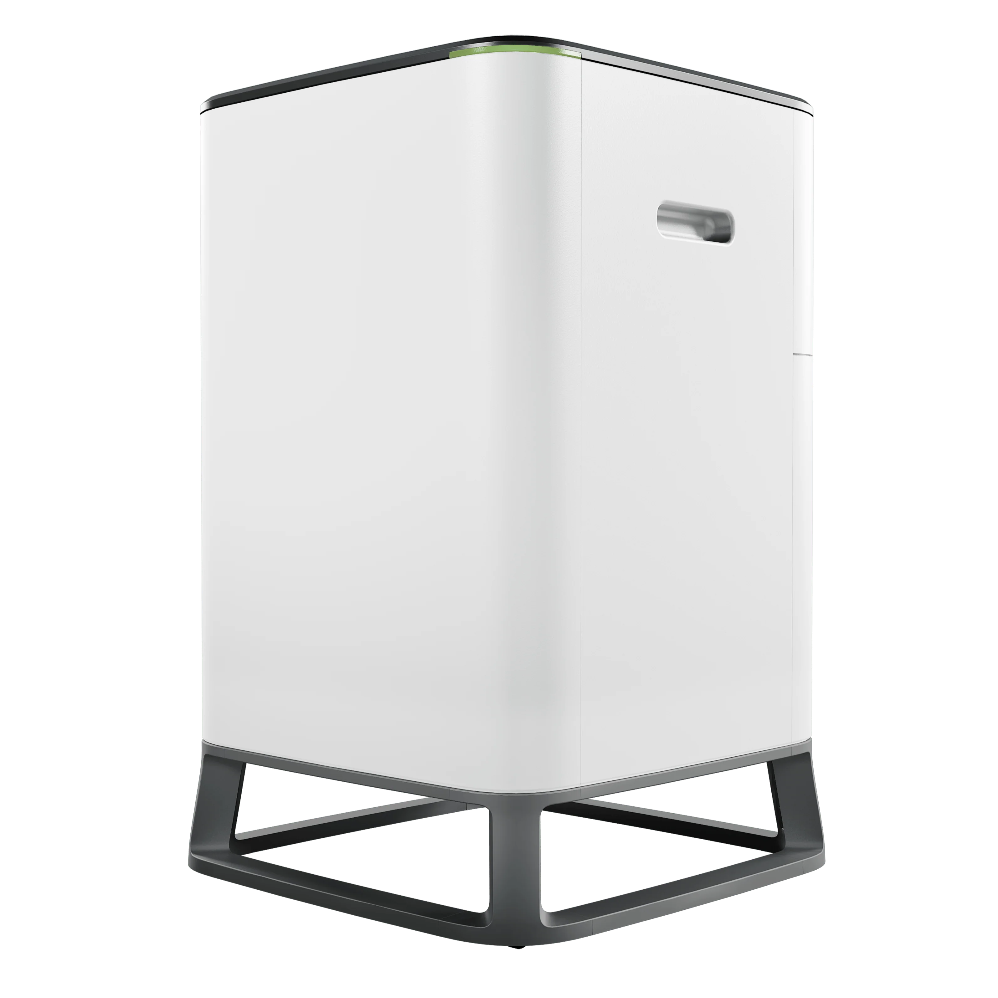 Sleek white air purifier with rounded edges, a recessed handle on the side, and a modern gray stand. It conveys a minimalist and clean design.